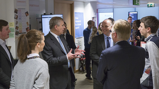 HRH The Duke of York in Aviation House, talking to designer Amy Whitney and government CTO Liam Maxwell, among others.