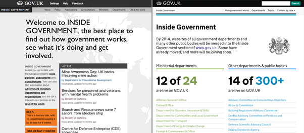 Two screenshots of the Inside Government homepage that show the differences between the original beta and what it looked like in February 2013.