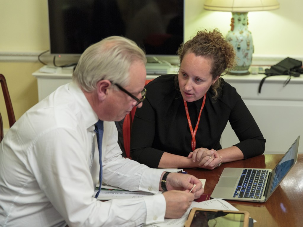 Photo of Francis Maude trying out the new Digital Marketplace, with help from Ivanka Majic.