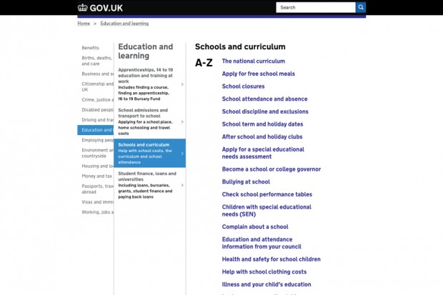 Screenshot of GOV.UK navigation redesigned using Miller columns. The screenshot shows a list of topics where Education is highlighted. This has then opened up a new column to the right of the original that gives you a list of topics related to Education. From that column ‘Schools and curriculum’ has been highlighted. A third column has then opened to the right of the previous two that shows an A-Z of pages that relate to ‘Schools and curriculum’.