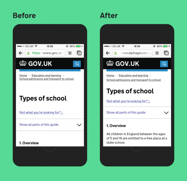 Side-by-side graphic mock-up showing GOV.UK on a mobile device, before and after the latest round of changes.