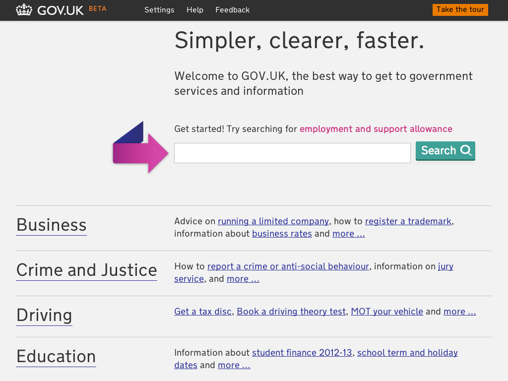 Screenshot of the beta home page of GOV.UK after replacing the carousel. It shows a list of primary headings for ‘Business’, ‘Crime and Justice’, ‘Driving’ and ‘Education’.