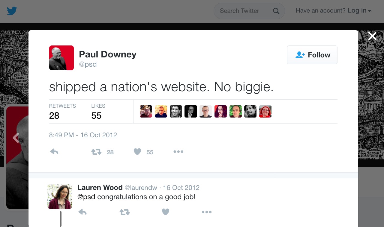 Paul Downey’s tweet saying: “Shipped a nation’s website. No biggie”