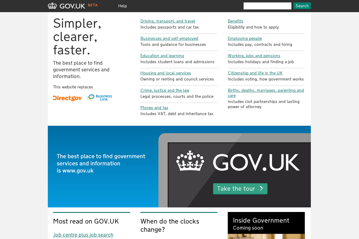 Screenshot of GOV.UK homepage, circa October 2012. The search bar had been made smaller and was now in the top right hand corner of the page. The page was split between a list of category titles (such as Driving, Benefits or Education) and a large image suggesting users take a tour of GOV.UK.