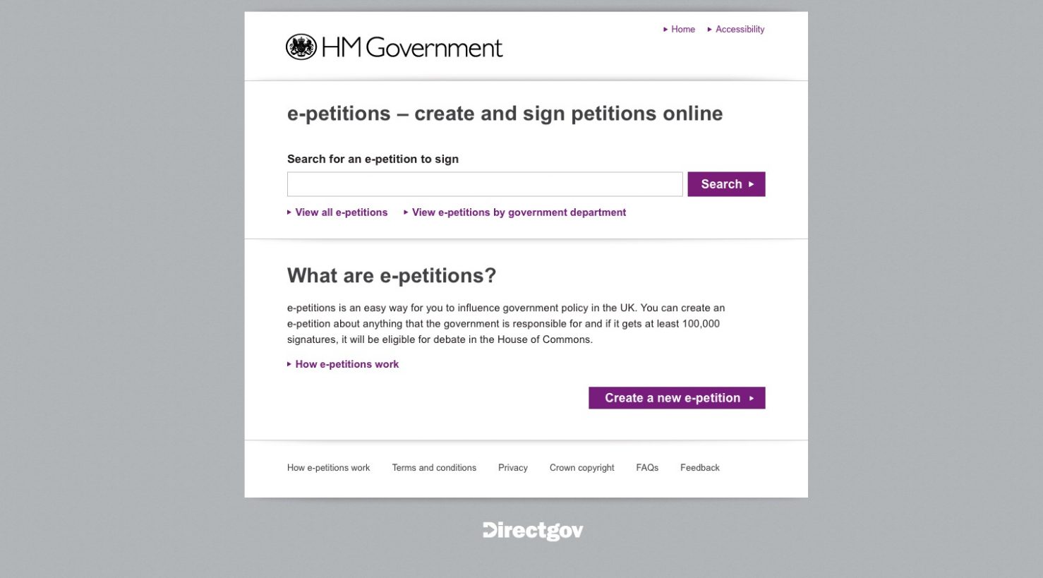 The original 2011 e-Petitions service home page.