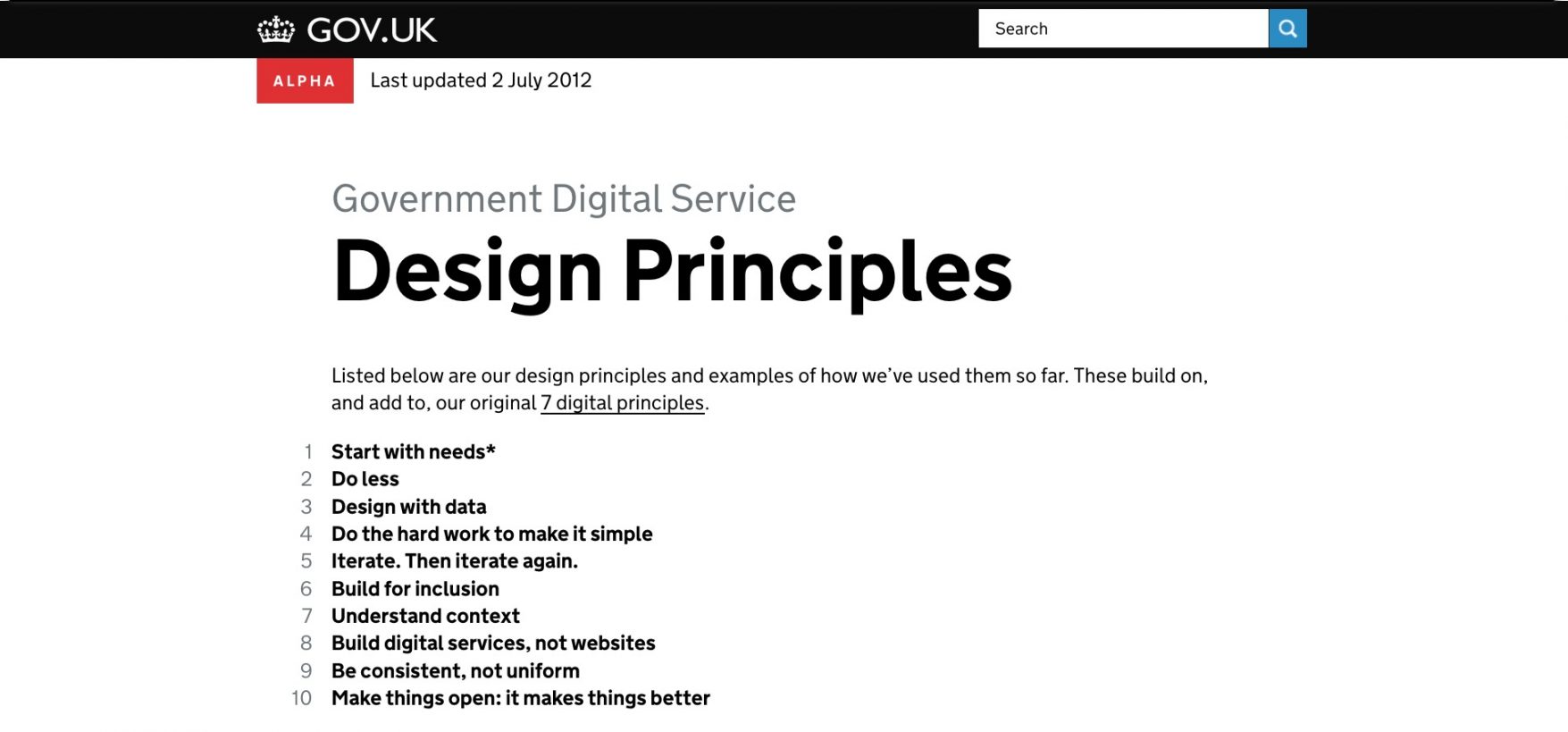 Screenshot of the Design Principles alpha showing the list of ten design principles.