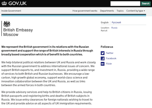 Screenshot of a page from the new /worldwide section on GOV.UK. This page is about the British Embassy in Moscow.