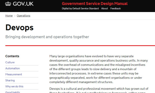 Screenshot of an early version of the Service Manual. This shows a page talking in detail about Devops.