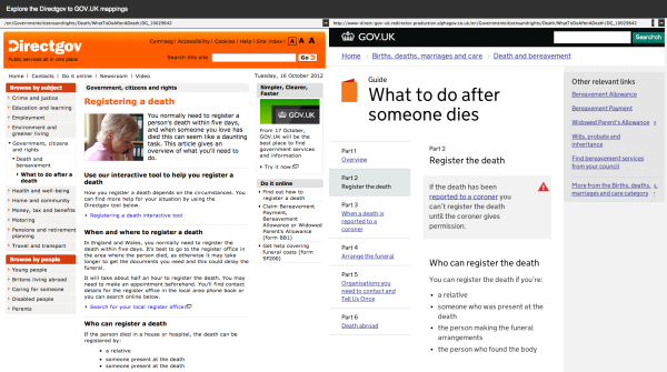 Two screenshots side by side of Directgov and GOV.UK showing the ‘Registering a death’ and ‘What to do after someone dies’ page on Directgov and GOV.UK repectively. 