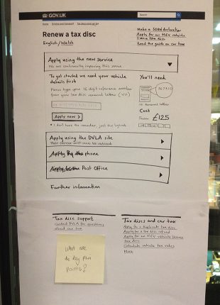 Hand drawn sketch on two sheets of white paper showing the home page for the Renew a tax disk service. This sketch was used in the ‘Start Pages’ work.