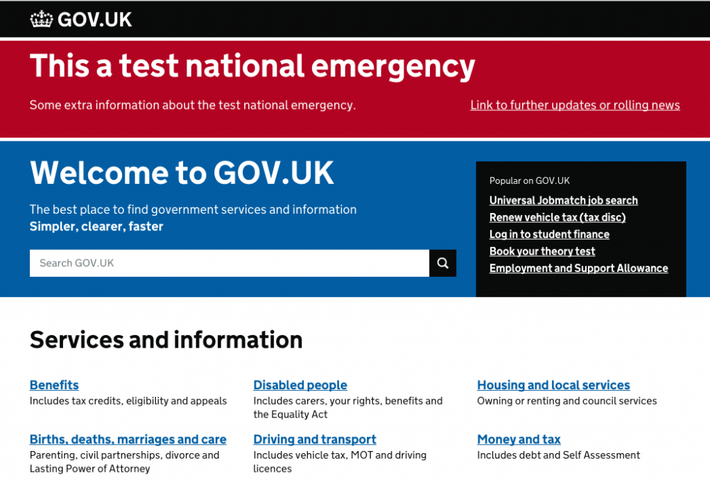 Testing how GOV.UK might respond in times of serious national emergency