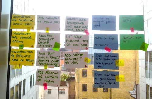 The Transition team cover a window with coloured flash cards with tasks written on them.