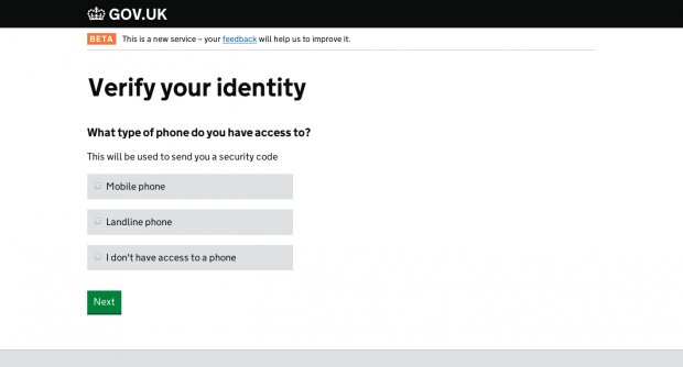 Screenshot of the GOV.UK Verify beta.