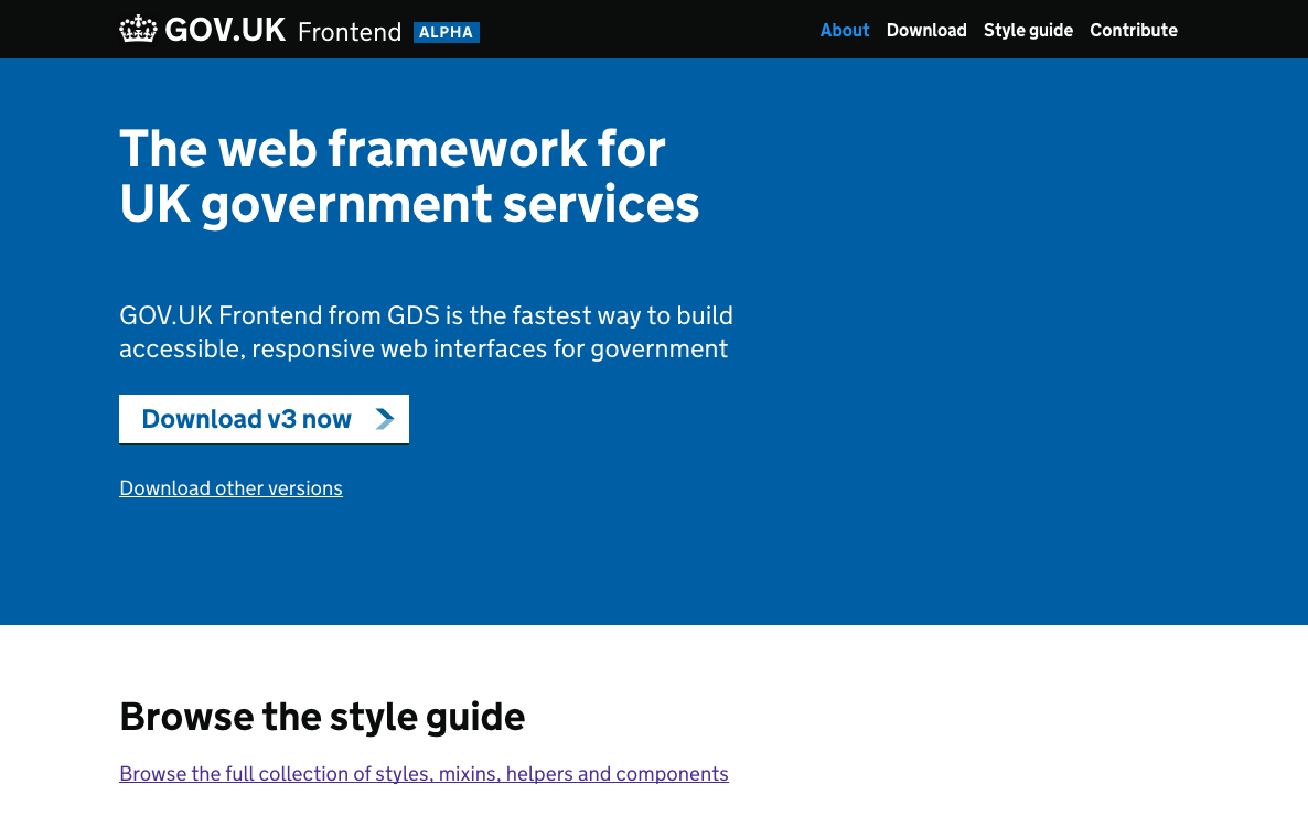 Screenshot of the GOV.UK Frontend Alpha. The page heading reads “The web framework for UK government services”.