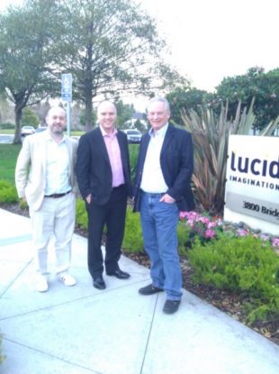 Bad quality picture of Mike Bracken, Liam Maxwell and Minister Francis Maude standing outside LucidWorks on a trip to Silicon Valley.