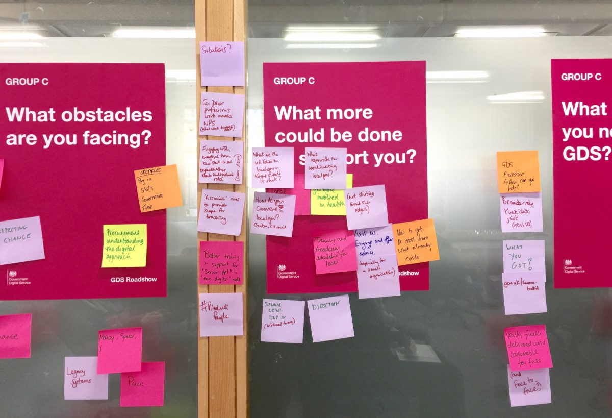 post it notes with feedback, placed on posters with questions 