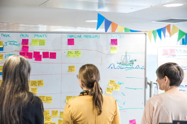 3 people looking at a whiteboard with notes and post-its