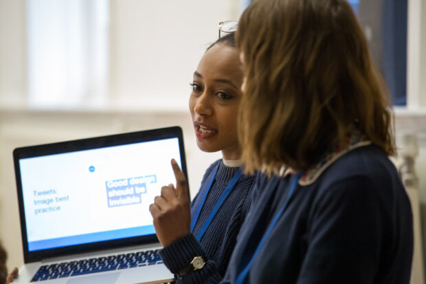 two members of the GDS social media team delivering a workshop at Blog Camp