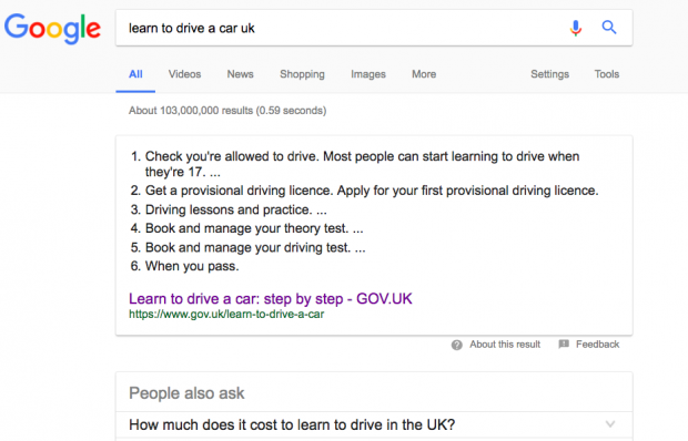 Google search snippet for the service page