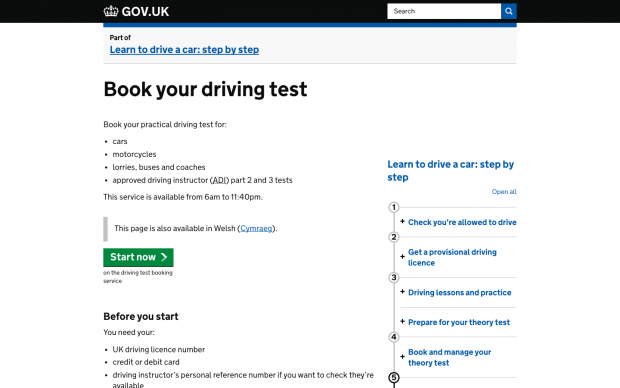 'Book your driving test' page screenshot