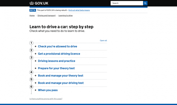 'Learn to drive a car: step by step' page screenshot