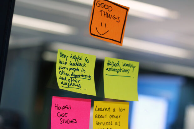 post-it notes on with positive feedback from a workshop