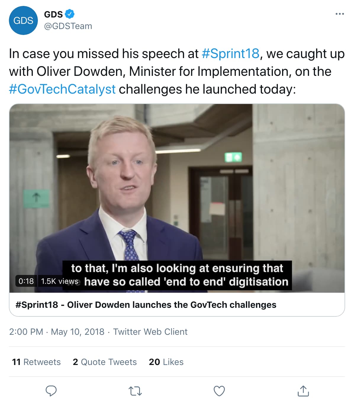 Tweet by gdsteam on 2:00 PM · May 10, 2018 (tweet content below)