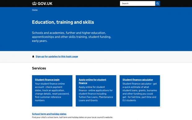 A screengrab of the Education, training and skills topic page