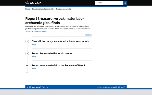 A screengrab of the page to report treasure, wreck material or archaeological finds