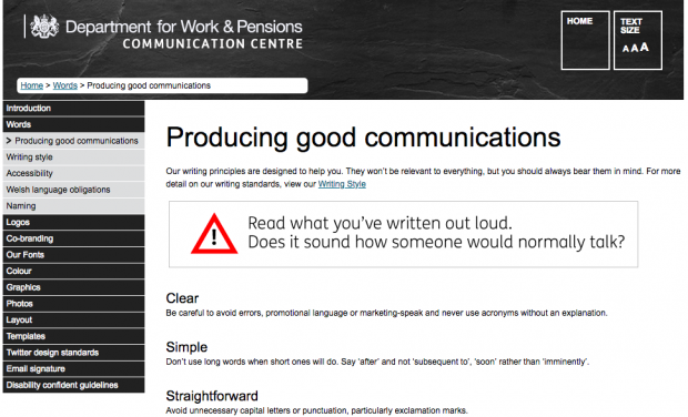 A screen shot of the DWP style guide