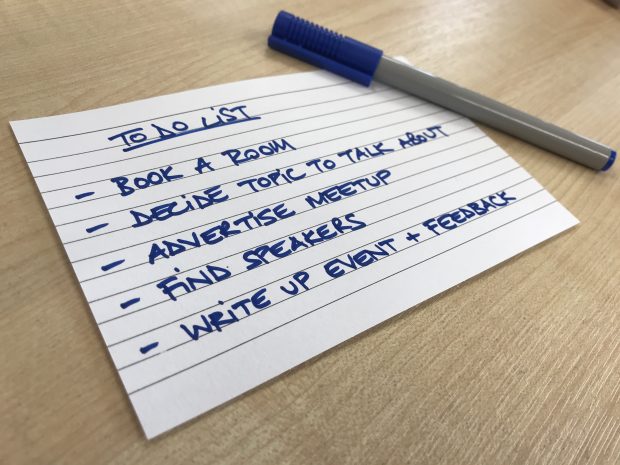 A to-do list with actions for organising a meetup including booking a room, deciding a topic, advertising and writing up the event