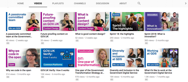 A screengrab of GDS's YouTube channel showing videos on content including GOV.UK Verify, diversity and inclusion at GDS and why we code in the open