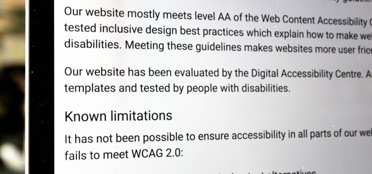 Image of an example Accessibility statement which illustrates how a website might not meet requirements over things like image alt text or missing captions