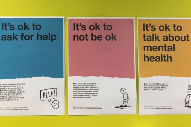 Mental Health posters saying "Its ok to ask for help", "Its ok to not be ok" and "Its ok to talk about mental health".