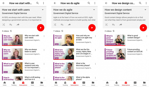 A screenshot of GDS YouTube playlists for How we do agile, How we design content and How we start with users