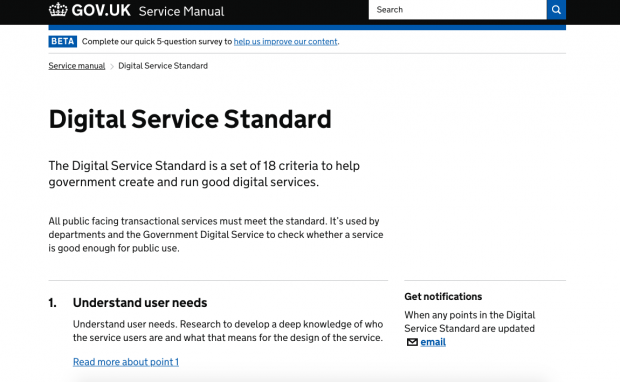 A screenshot of the Digital Service Standard page on GOV.UK