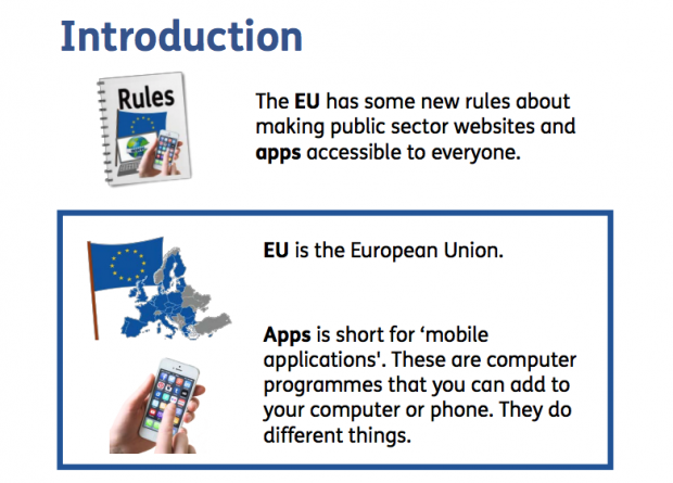 The webpage shows the introduction, saying "The EU has some new rules about making public sector websites and apps accessible to everyone, accompanied with a picture of a book of rules. Below is a picture of the EU flag and map of the EU, and a hand holding a smartphone, and text that says: 'EU is the European Union. Apps is short for 'mobile applications'. These are computer programmes that you can add to your computer or phone. They do different things.'