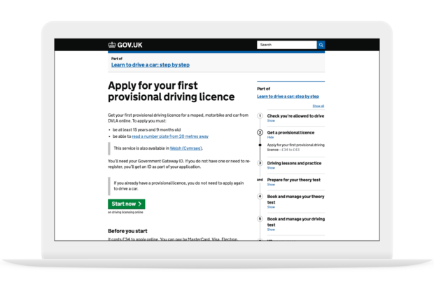 A screenshot of the 'Apply for your first provisional driving licence' step by step page