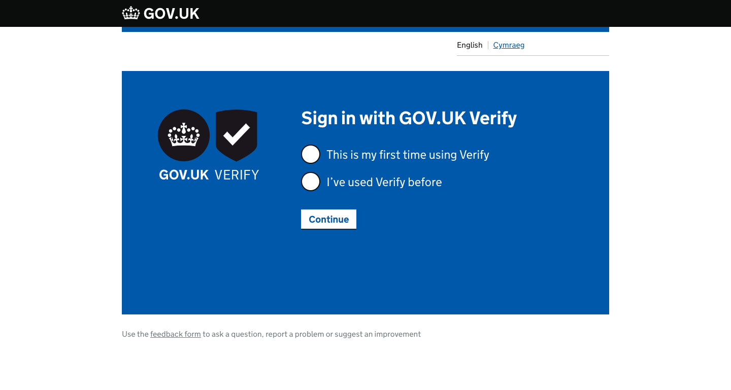 A screenshot of the GOV.UK Verify start page