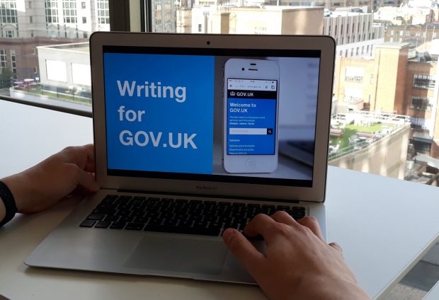 A computer screen that reads: 'Writing for GOV.UK'