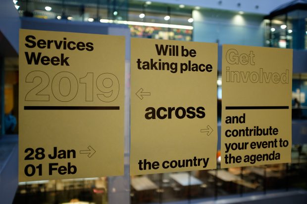 3 GDS posters which say: Services Week 2019, 28 Jan to 1 Feb, will be taking place across the country. Get involved and contribute your event to the agenda