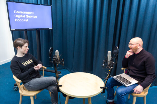 Kit Collingwood and Angus Montgomery in a studio with microphones