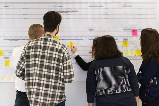 Four people looking at a service map and sticking post it notes to it