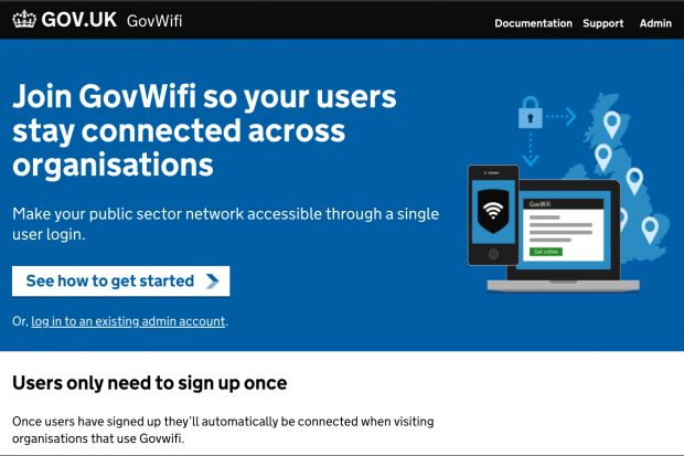 A screengrab of the GovWifi service. The text reads: Join GovWifi so your users stay connected across organisations. Make your public sector network accessible through a single user login. See how to get started.