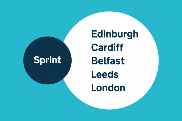 A graphic reading Sprint Edinburgh, Cardiff, Belfast, Leeds and London
