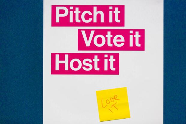 A poster that says 'Pitch it, vote it, host it, love it'