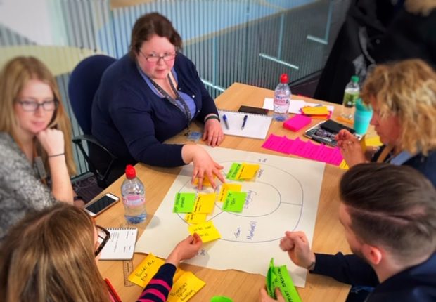 5 people sitting around a table and putting post-it notes on a piece of paper