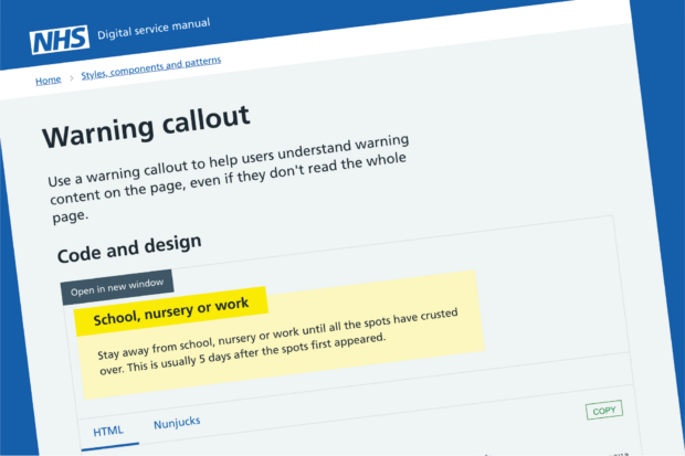 A page on the NHS website. Heading: 'Warning callout', paragraph explaining when to use a warning callout with an example underneath.