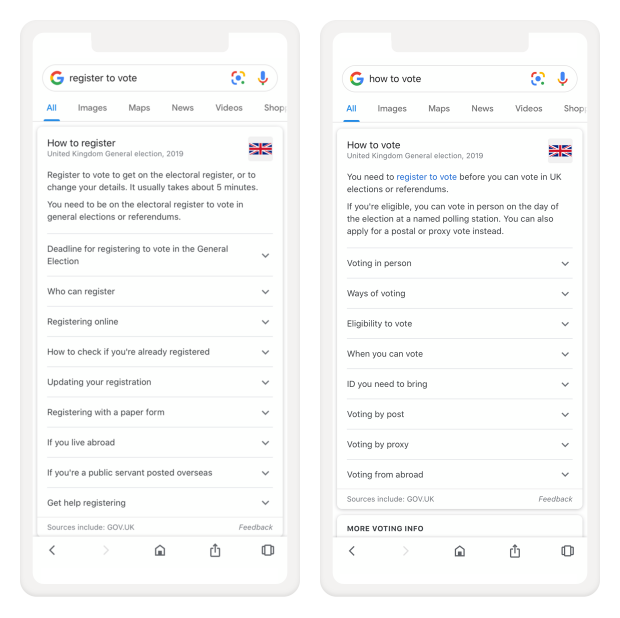 two screenshots of Google search results on mobile - one for 'how to register' and one for 'how to vote'