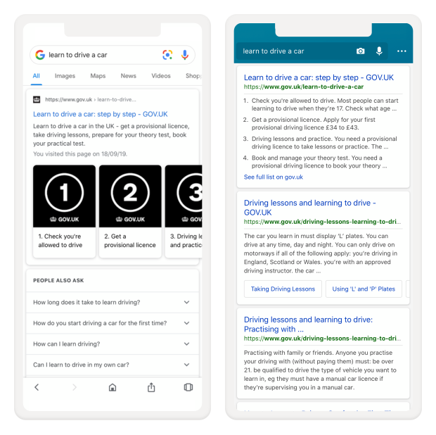 two screenshots of search results on mobile showing results for 'learn to drive step by step'